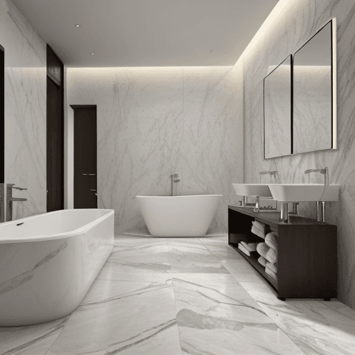 AI generated: photorealistic,8k,16k,front view,bathroom,modern,wc,marble floors,interior design magazine,no mistak...