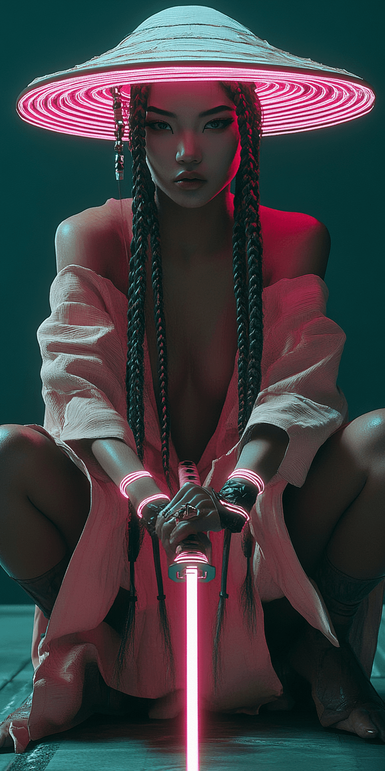 AI generated: A striking female warrior sits in a low, poised stance, her expression fierce and determined. She we...
