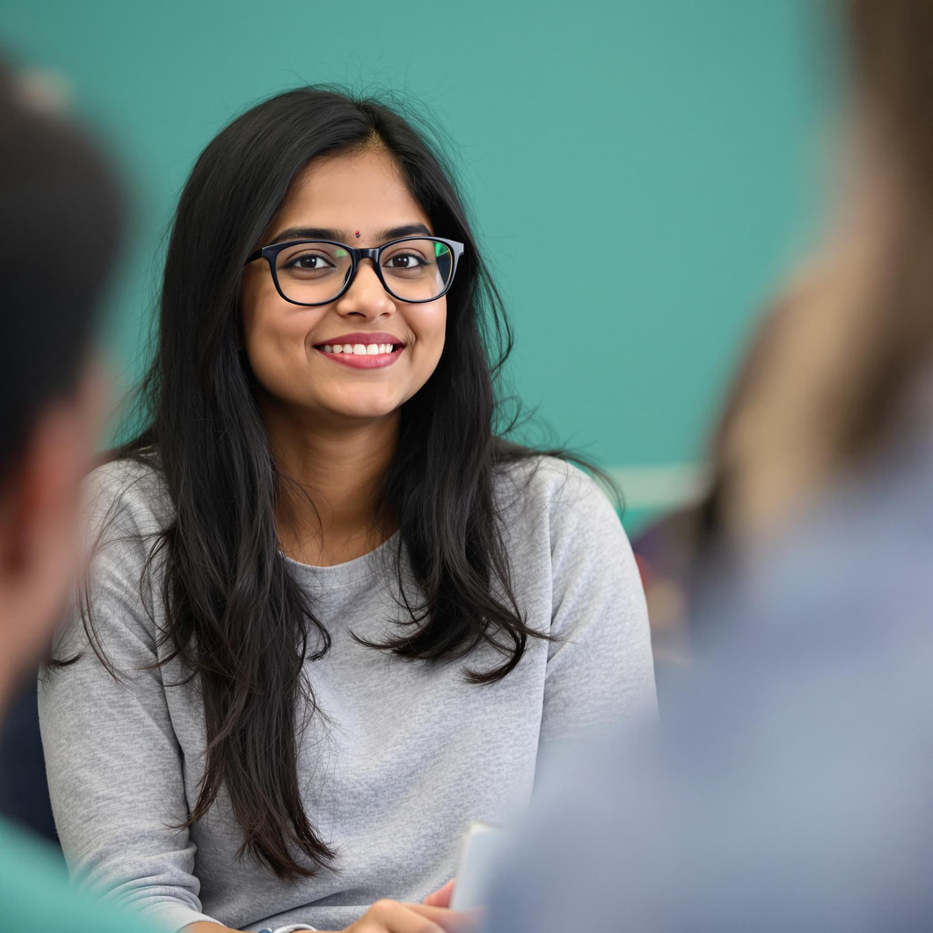 AI generated: The image features a young Indian woman with long, dark hair and glasses, sitting in a relaxed pose....