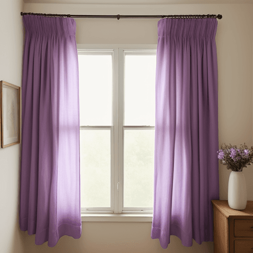 AI generated: A photo of purple linen curtains in the window, taken with an iPhone camera, showcases the curtain's...