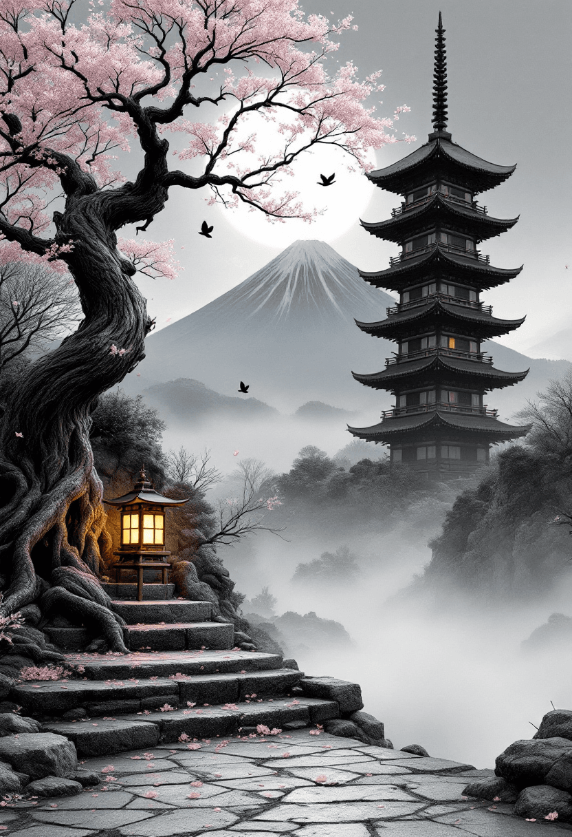 AI generated: A tall, full traditional Japanese pagoda tower, off-center right, fully visible from base to spire, ...