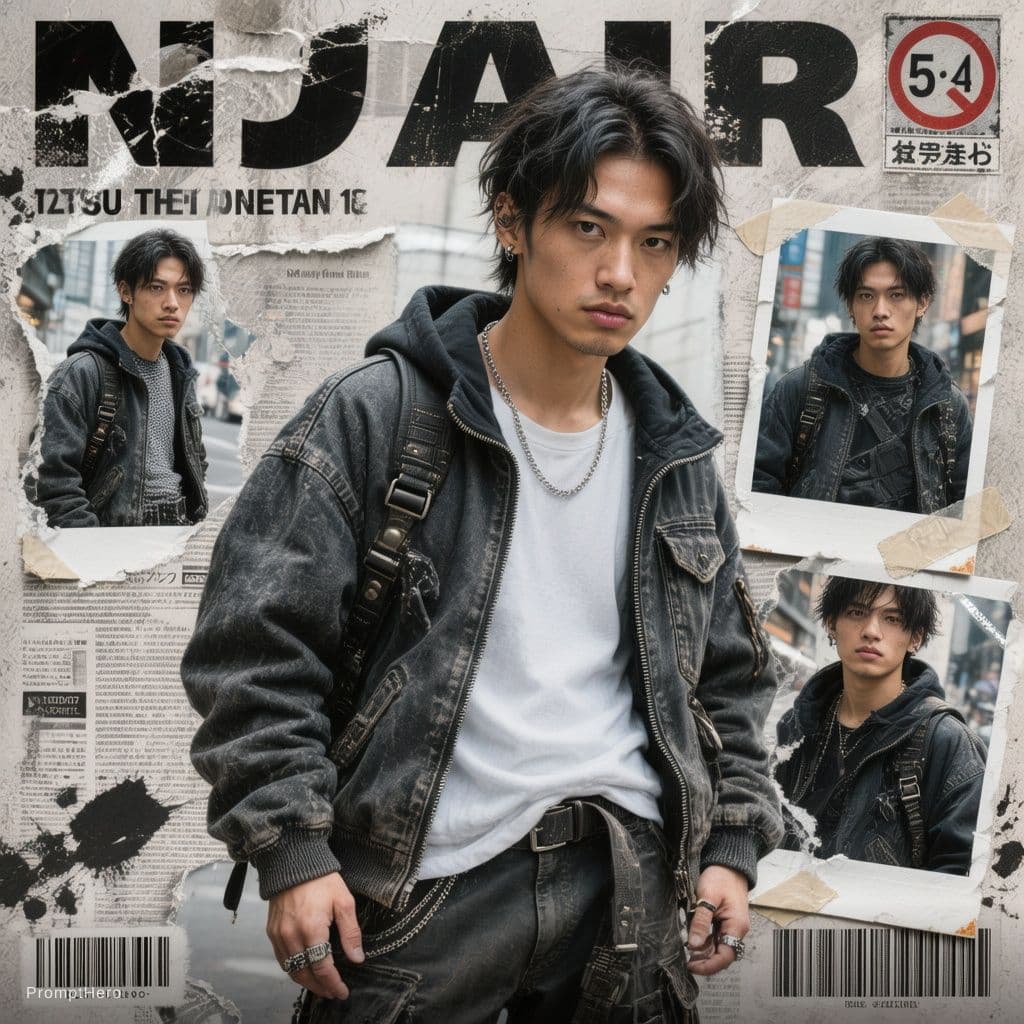 AI generated: Buat poster kolase editorial streetwear Jepang bergaya Y2K yang bold dengan estetika majalah fashion...