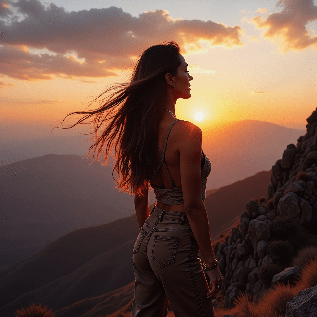 AI generated: ### Positive Prompt:
Ceca standing atop a mountain peak at sunset, her long hair blown by the wind,...