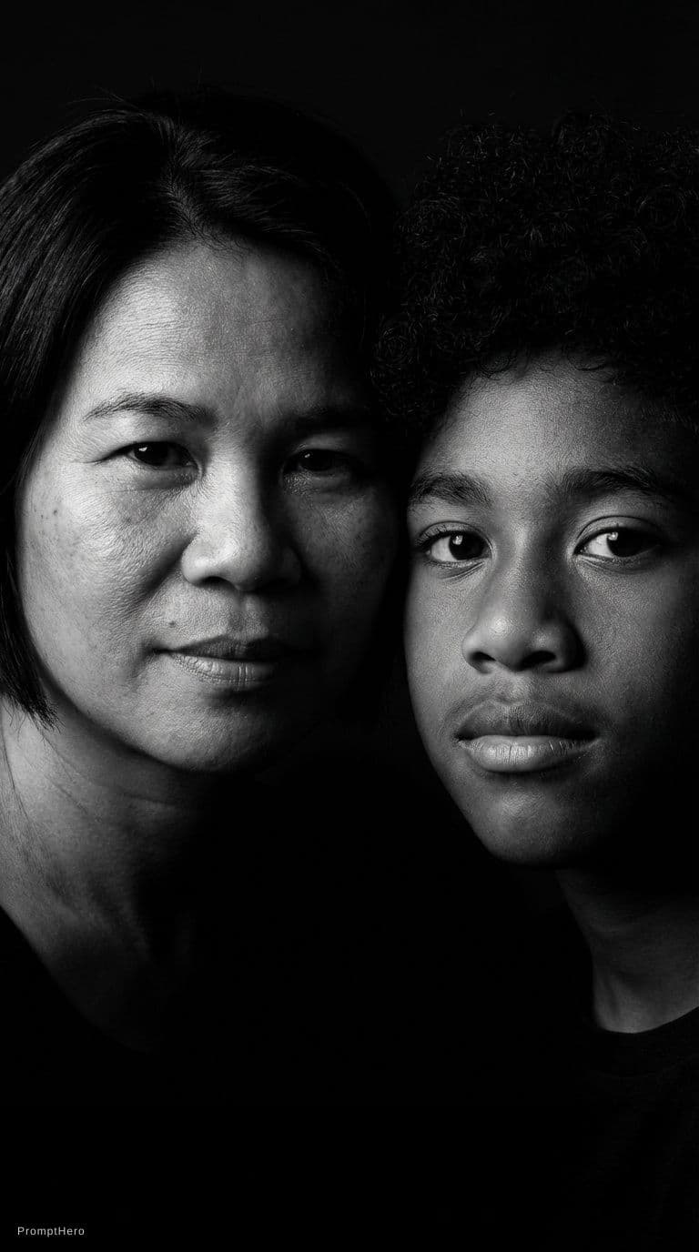AI generated: High-definition black and white portrait of this mother and son. Minimalist beauty photography with ...