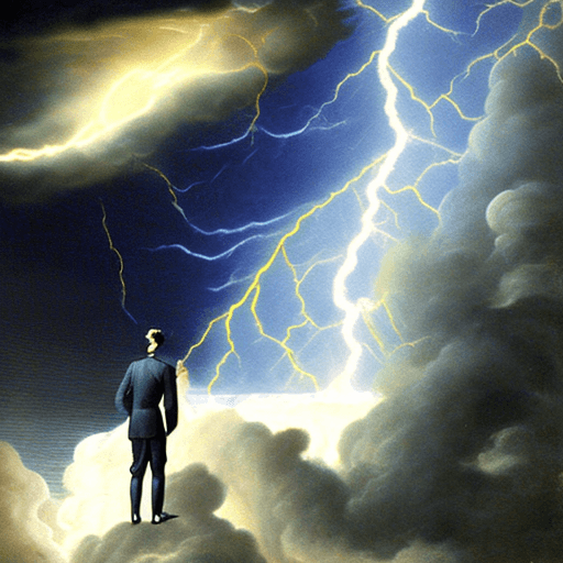 AI generated: Perseus and Nikola tesla watching a spectacular show of thunder in the skies