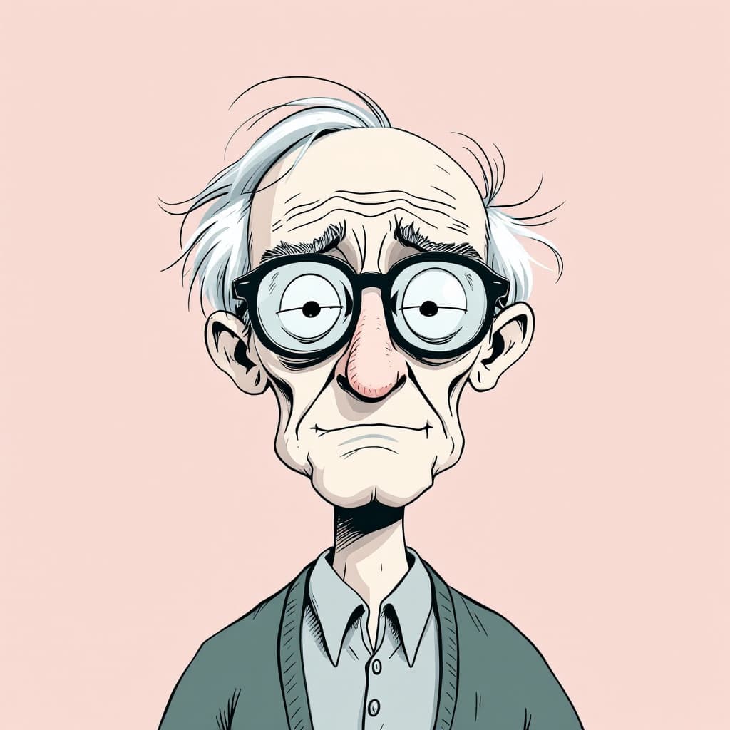 AI generated: vector art, front view, elderly man, forest green figure on pale pink backdrop, balding with wispy s...
