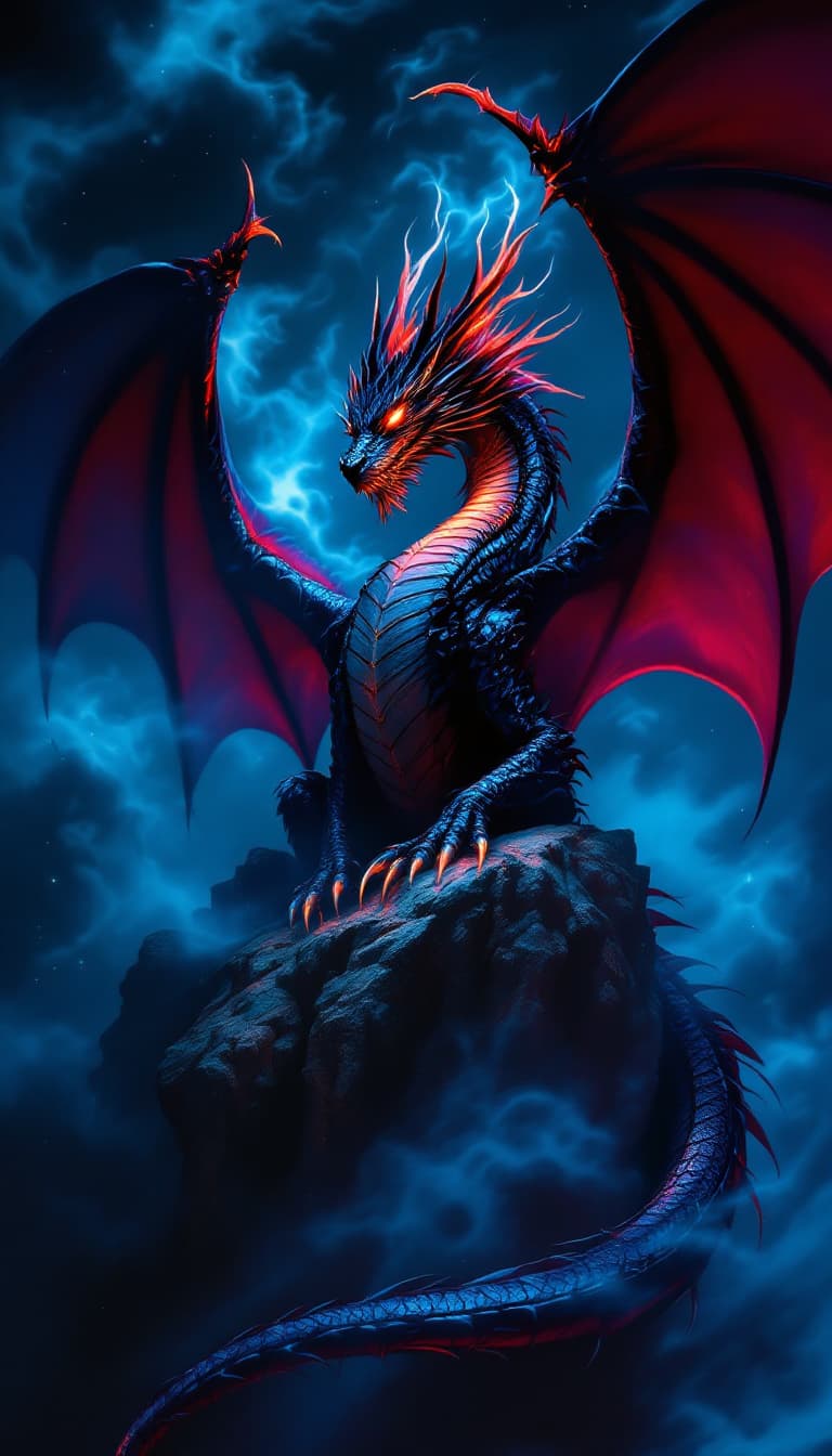 AI generated: "A majestic dragon rendered in rich burgundy and deep blue, its feathers shimmering like an opal und...