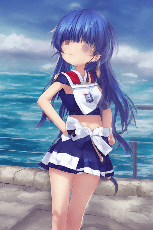 AI generated: masterpiece,best quality, new_jersey, azurlane, blue hair,navel,sleeveless shirt,sailor collar,minis...