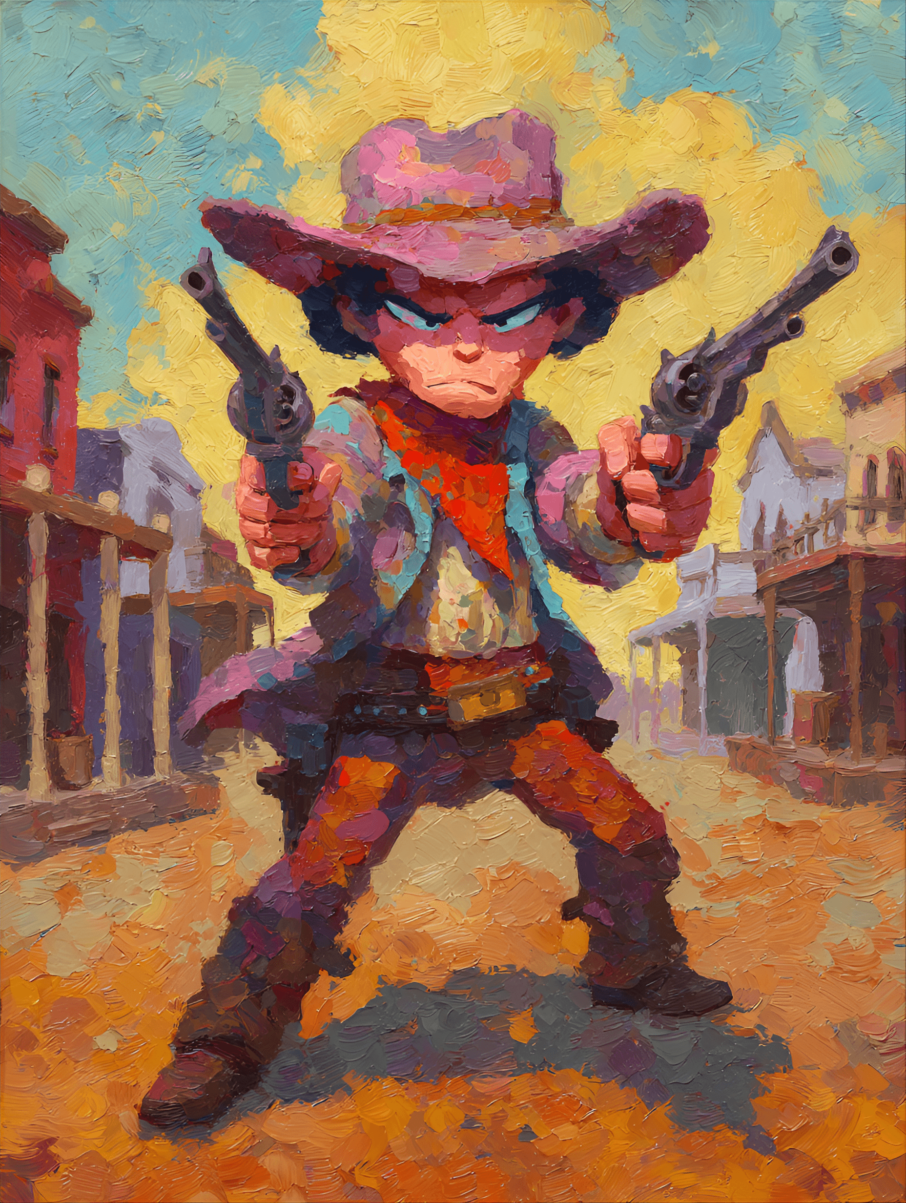 AI generated: expressionist oil painting style, wild west, chibi cowboy in desert showdown, cowboy with hat and gu...