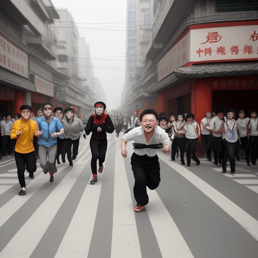 AI generated: A madman is chasing people on the street in China , cartoon, people are escaping