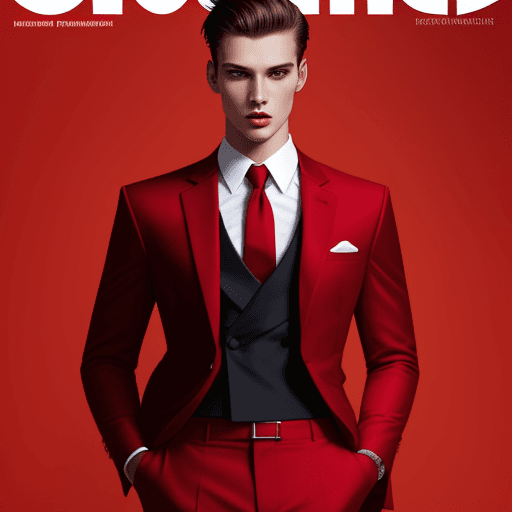 AI generated: fashion cover, front view, upper-body, stud, male model, Vibrant Hot red Backdrop, suit, formal shir...
