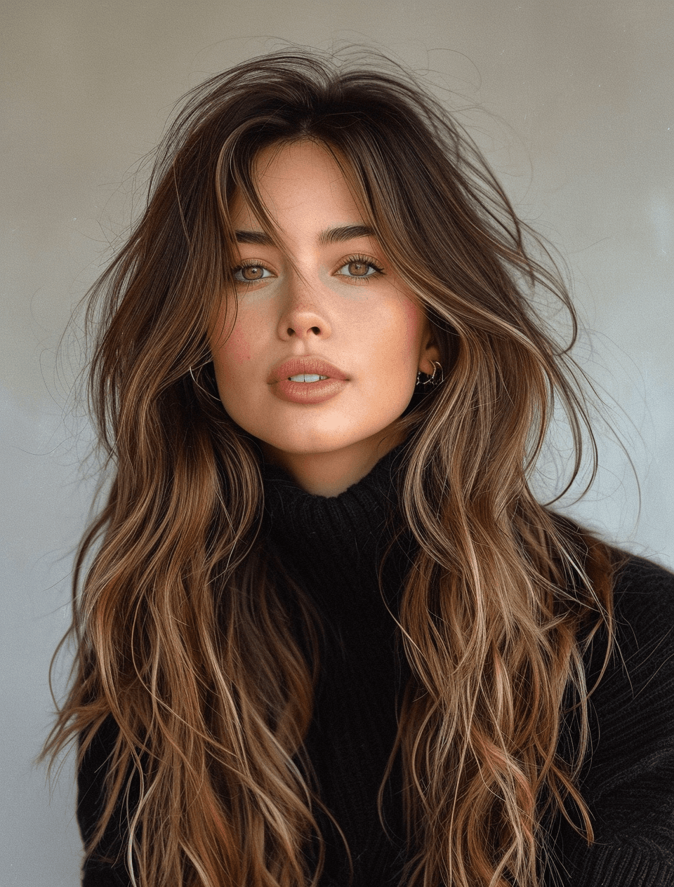 AI generated: a beautiful young woman in black with long hair, in the style of textural layers, reefwave, light br...