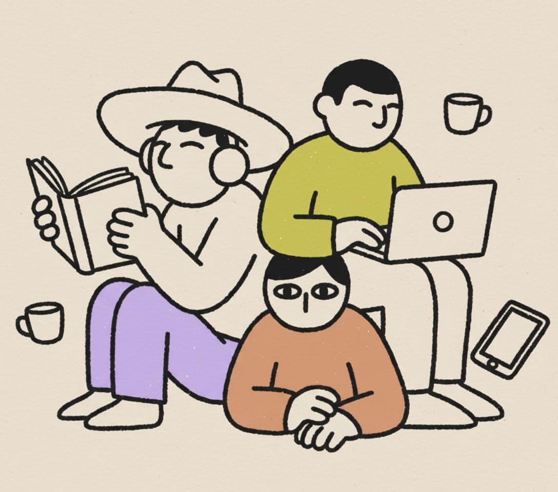 AI generated: freelancers working, hand drawn line style, rough lines, stylized faces. use the style of attached i...