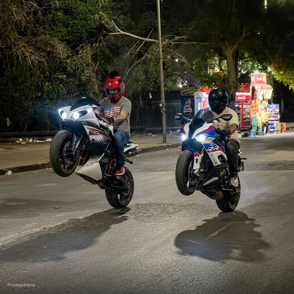AI generated: Wheelie the two bikers in the uploaded street and make it as real