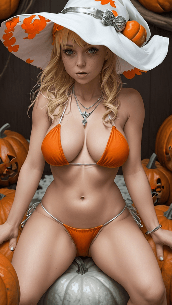 AI generated: a woman dressed in a Halloween costume, adorned with an orange hat, is seated on a white platform su...