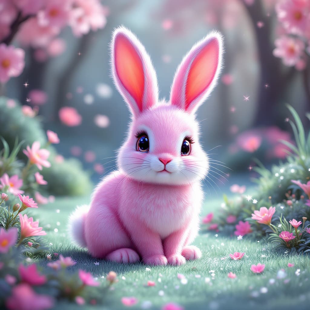 AI generated: Hyperialistic cartoon pink bunny in Glitter pink fantasy world that brings happiness joy love fantas...