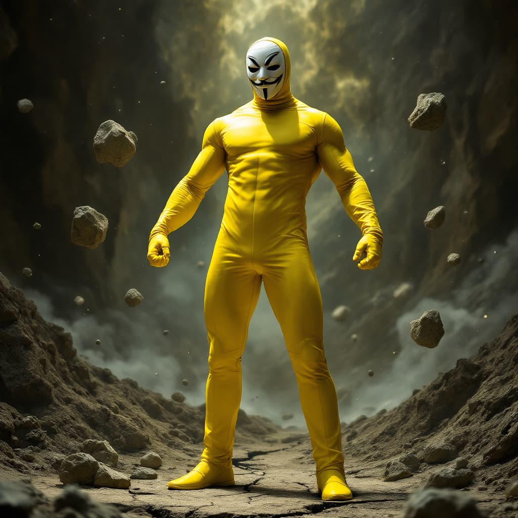 AI generated: A heroic figure wearing a bright yellow suit, with a white mask resembling the one from 'V for Vende...