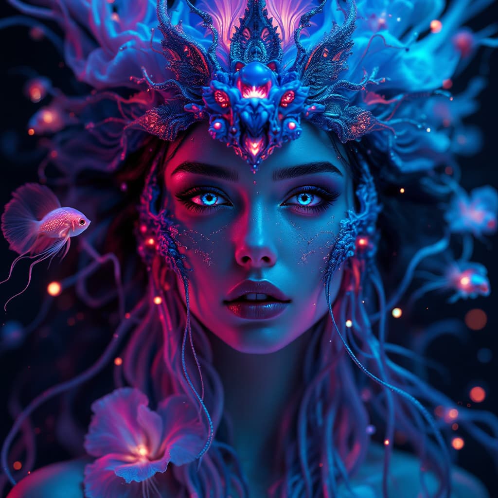 AI generated: Goddess close-up portrait ribcagel. jellyfish phoenix head, nautilus, orchid, skull, betta fish, bio...