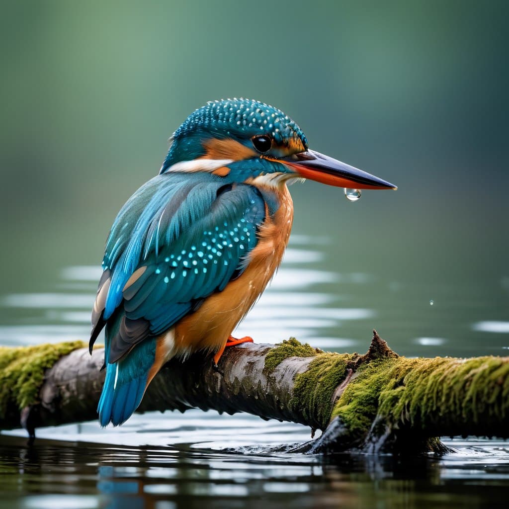 AI generated: macro photo of kingfisher on a branch above the water's edge, masterpiece, best quality, photograph,...