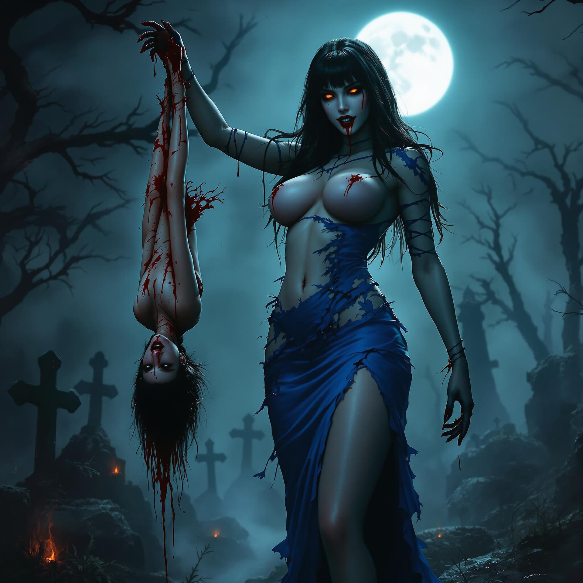 AI generated: A full body HD photo of a tall female vampire standing with body slightly turned to the left in cent...