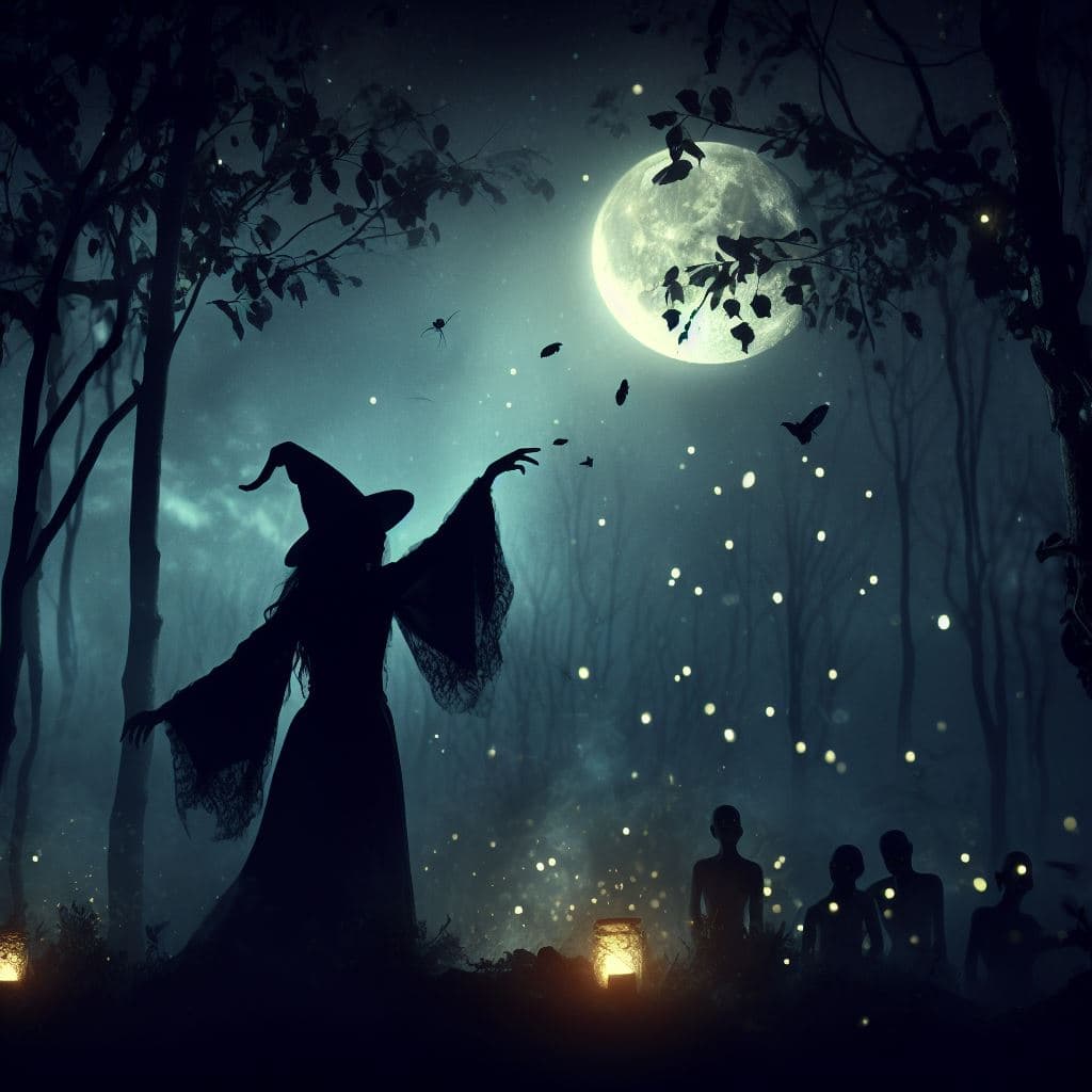 AI generated: a gothic witch performs magic in a mystical forest full of fog a dark night with full moon the full ...