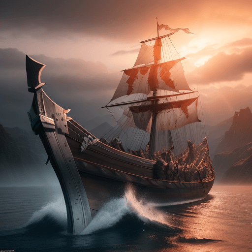 AI generated: Photo of a ultra realistic viking ship, dramatic light, pale sunrise, cinematic lighting, battered, ...