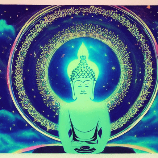 AI generated: Design a color image that shows the walking "Buddha", amidst the celestial skies. It depicts "Buddha...