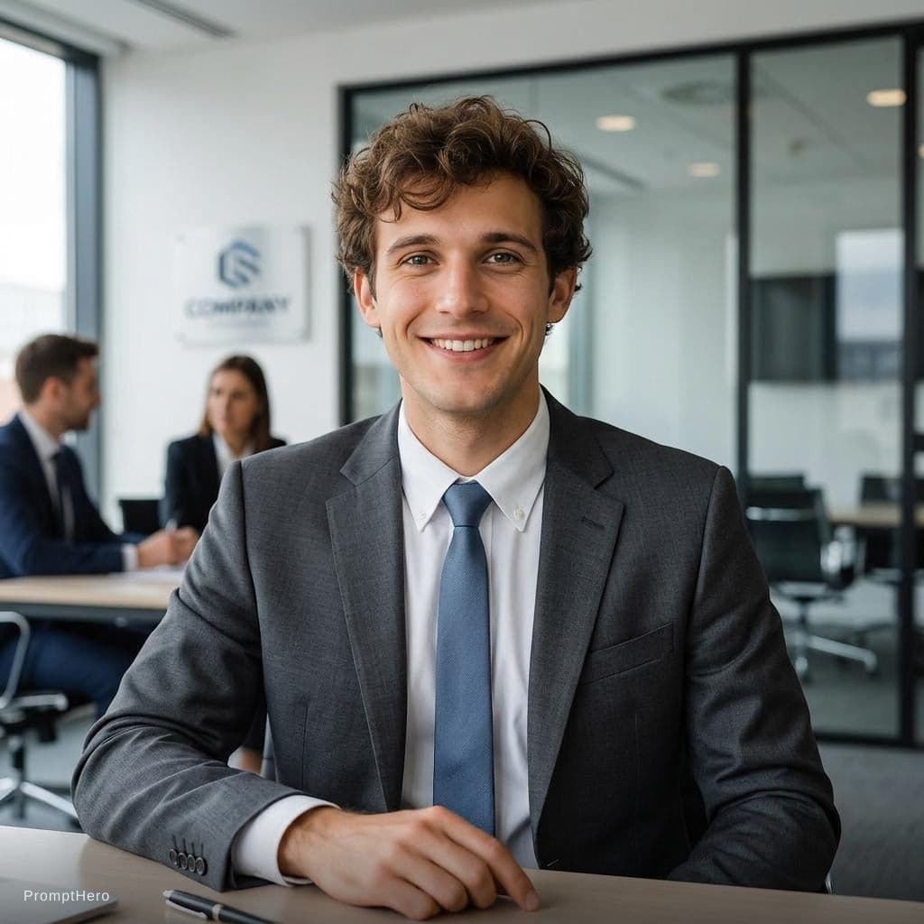 AI generated: clean shaven business man posing against office background