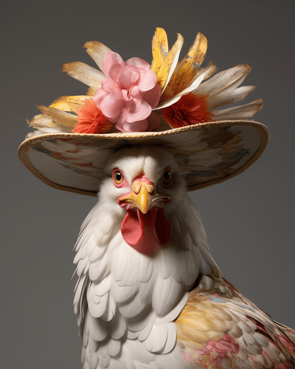 AI generated: a chicken wearing chicken hat on front, in the style of lois greenfield, realistic sculptures, time-...