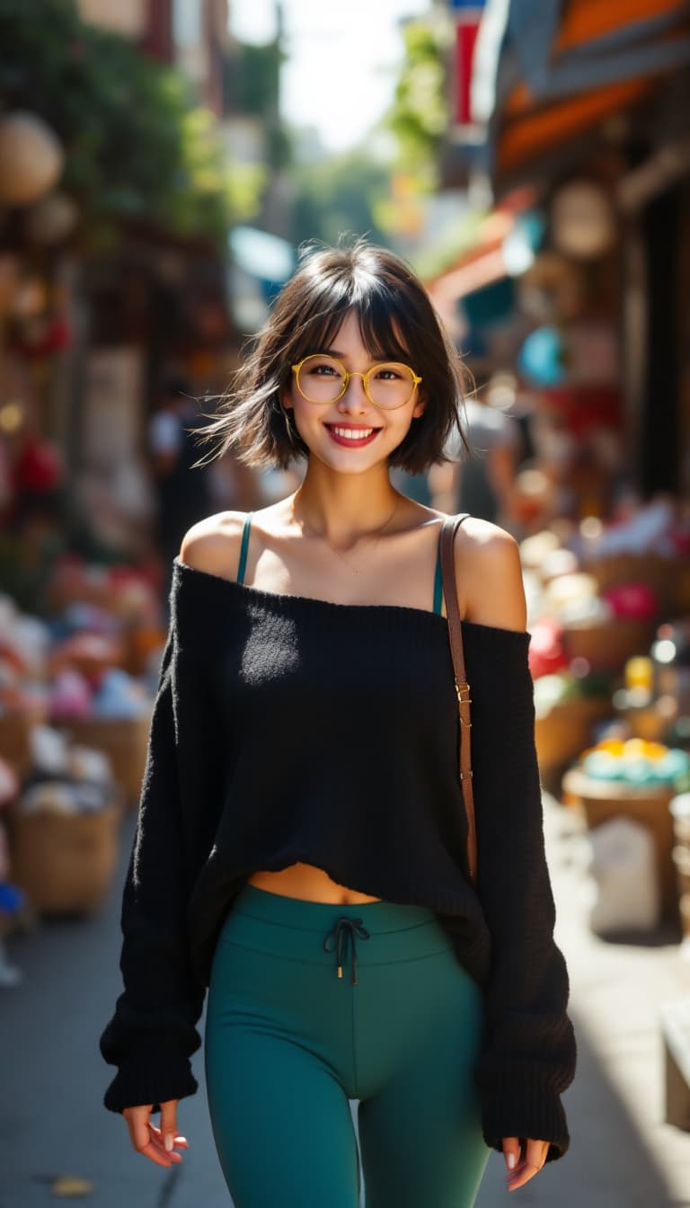 AI generated: Asian girl that is full-busted, tan, thick eyebrows, hazel eyes, yellow glasses, dynamic pose, freck...