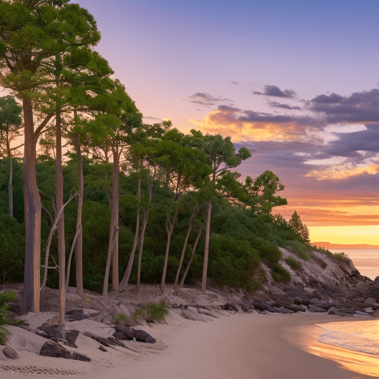 AI generated: oil on canvas, small clouds, beach, trees, small rocks, beautiful setting, early evening, warm glow,...