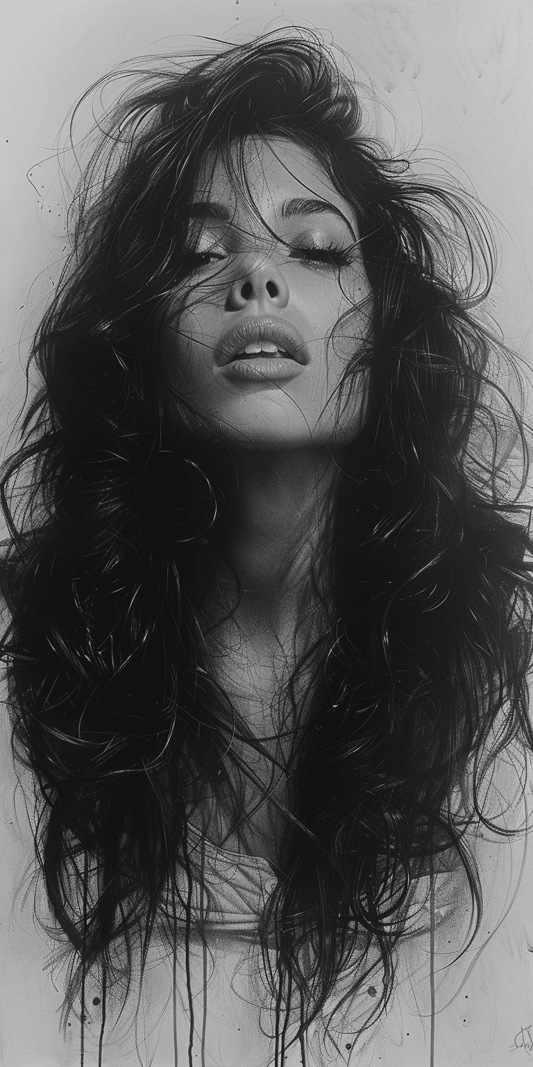 AI generated: charcoal sketch, woman with long hair, hyperdetailed, smudges --ar 1:2 --stylize 750