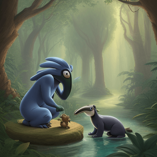AI generated: Pup anteater is portrayed as a sage, with strong claws and agile fingers, in the midle of enchanted ...