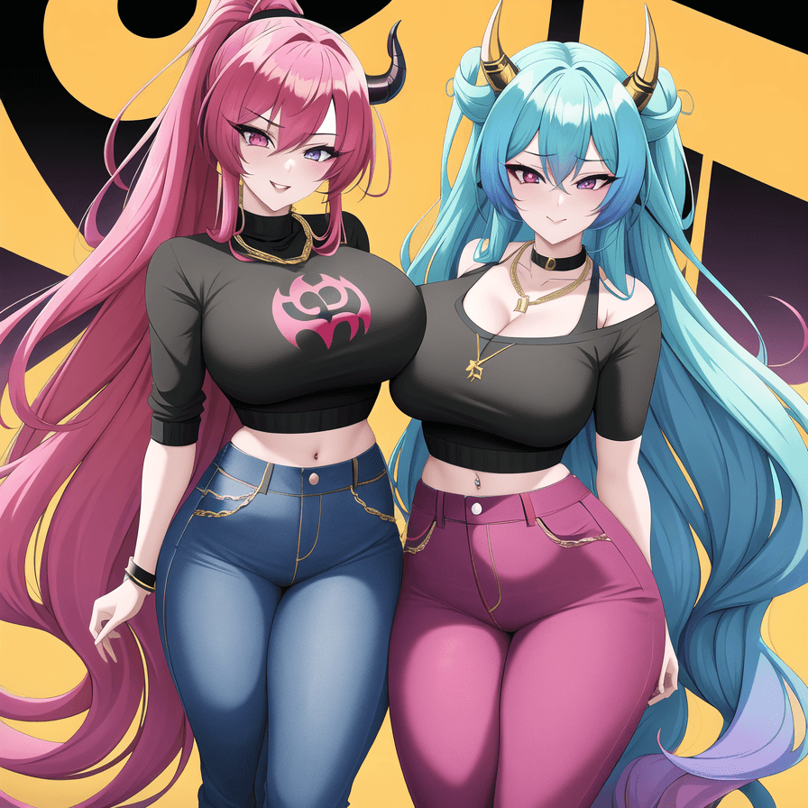 AI generated: Anime style ((Full body Fit to Screen)) TIefling Woman in high-waisted jeans and a crop top sweater ...