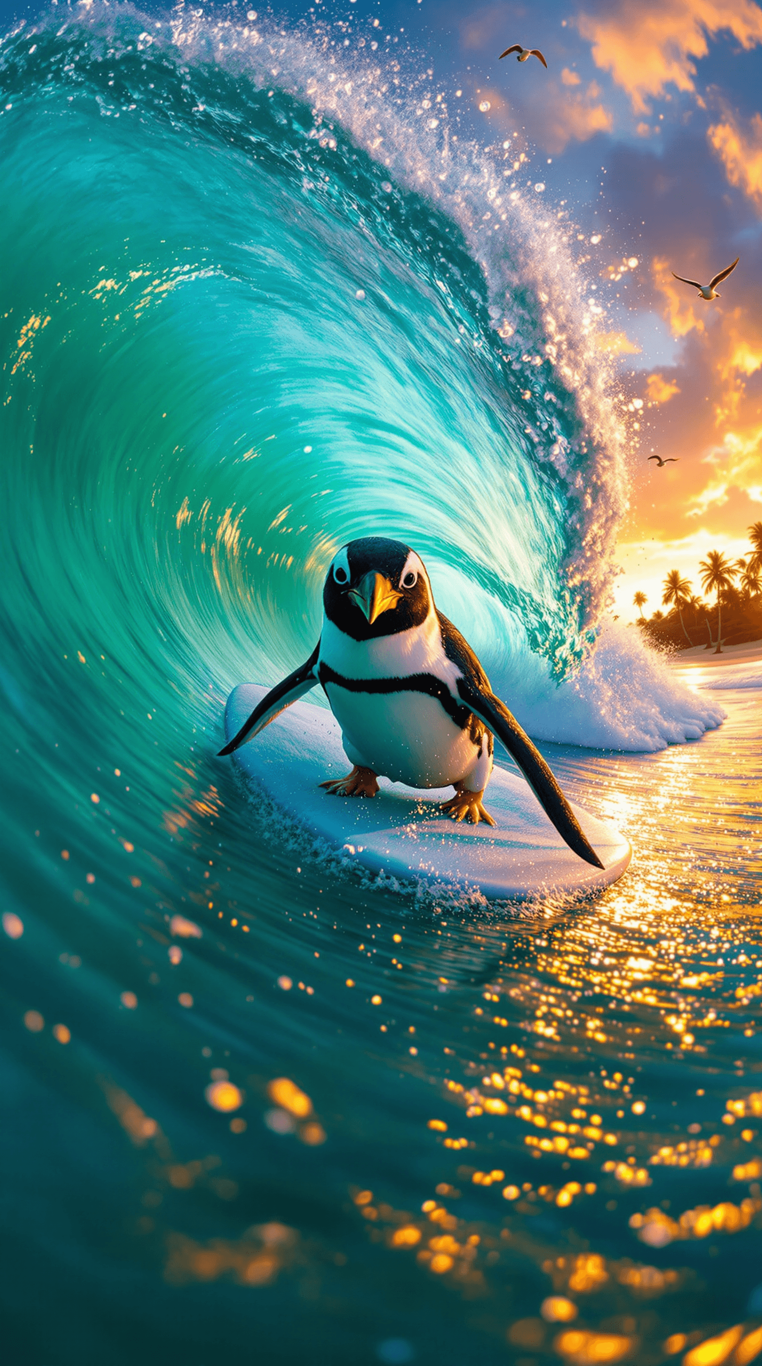 AI generated: A Humboldt penguin surfing a giant wave in a paradise beach at sunset, captured with a fisheye lens ...
