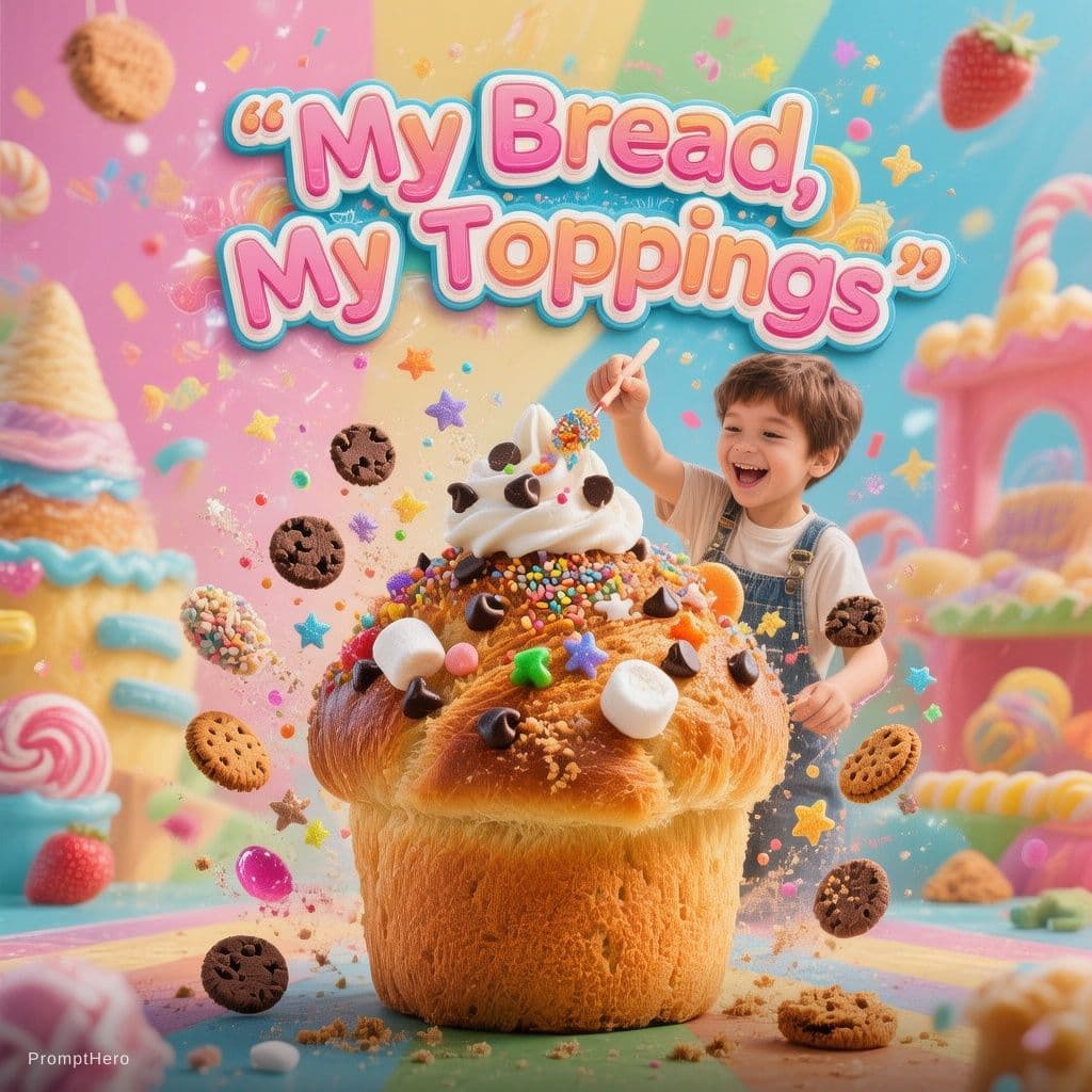 AI generated: A vibrant premium advertisement poster for a DIY topping bread snack for Generation Alpha kids. In t...