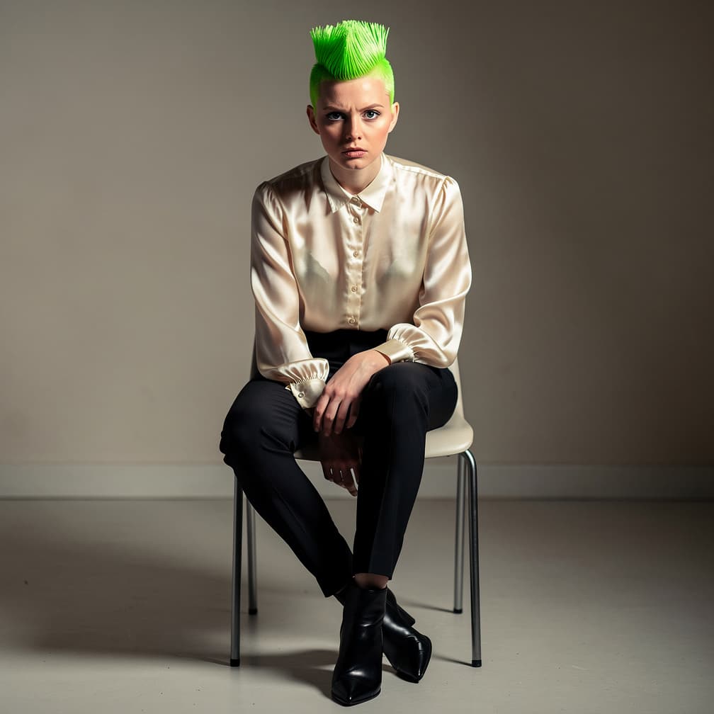 AI generated: Mandy Simpson: Bright neon green mohawk, sharp blue eyes holding intense focus, high-waisted black c...