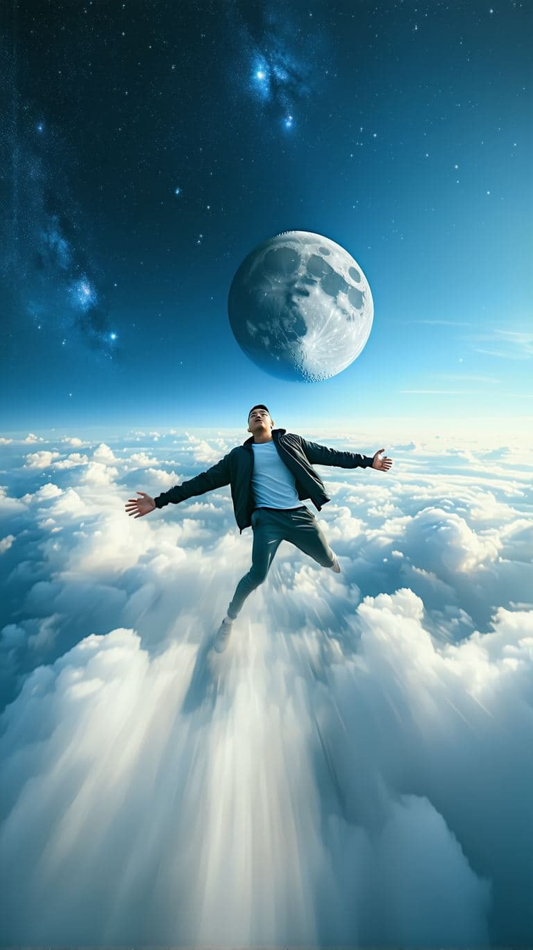 AI generated: A fast aerial tracking shot from the perspective of a drone captures a surreal dream sequence of a h...