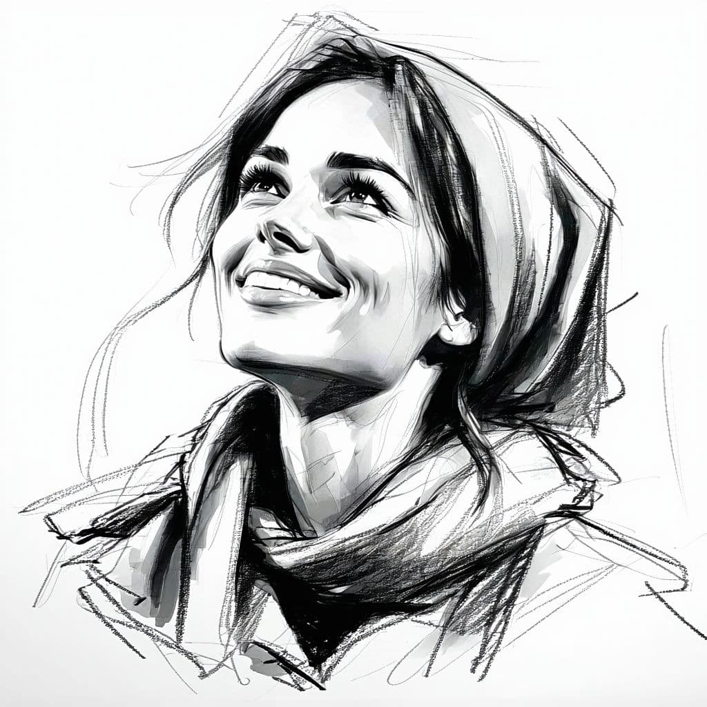 AI generated: Attractive caucasian woman, 30s, charcoal sketch, expressive, looking slightly up, wearing a little ...