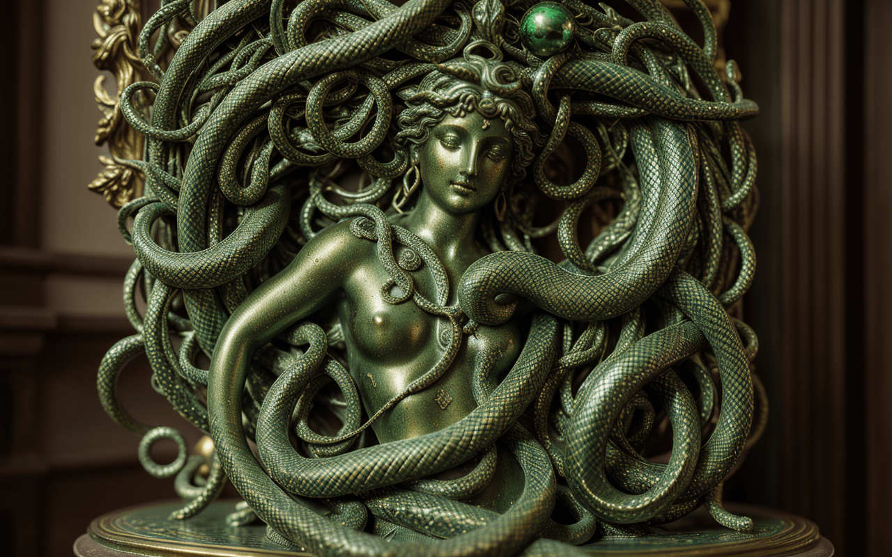 AI generated: one,barocco,interior statue andromeda,entangled in snakes ,hair snakes,decorative bronze,(green pati...