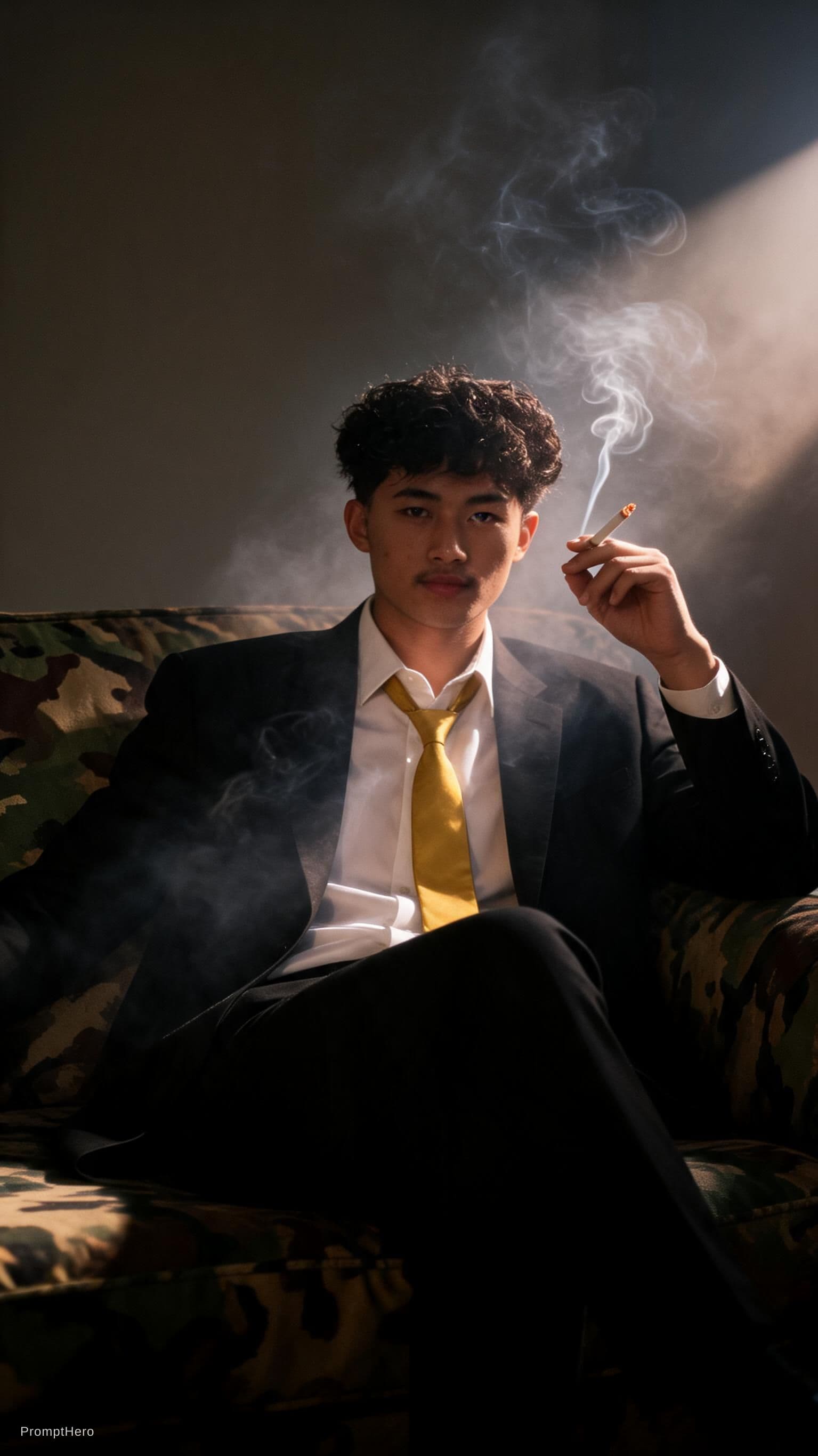 AI generated: photography, cover shoot, dimly lit room with a hazy atmosphere, capturing a professional male model...