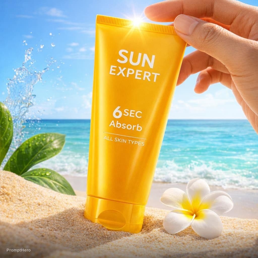 AI generated: {
  "scene": "Product Photography - Sunscreen on Beach",
  "subject": {
    "type": "sunscreen tu...