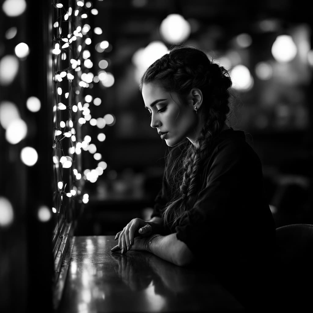 AI generated: black and white photography, fashion editorial, a dark French braid blonde woman in night cafe, surr...