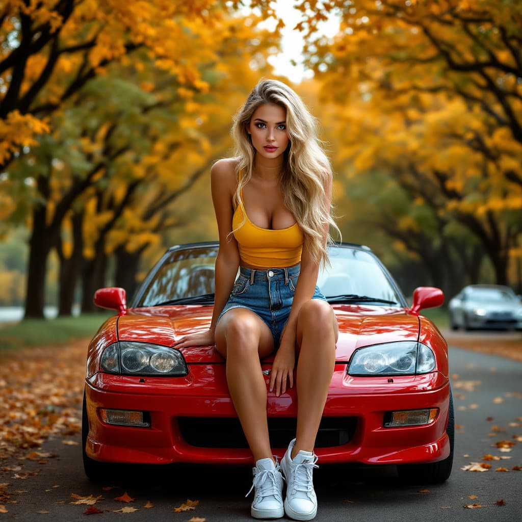 AI generated:  female, visual of elegant female, long blonde hair and large eyes, She is sitting on the a red spor...