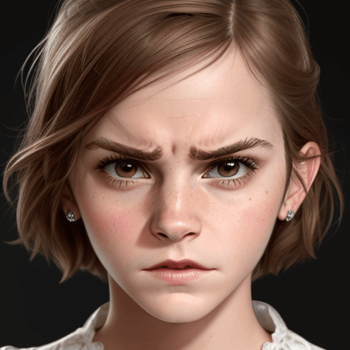 AI generated: Emma Watson, Extreme close-up face, symmetrical face,angry.