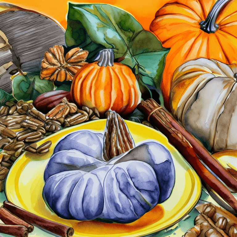 AI generated: a photo realistic watercolour of a still life for Thanksgiving, with pumpkins, a turkey, cinnamon, p...