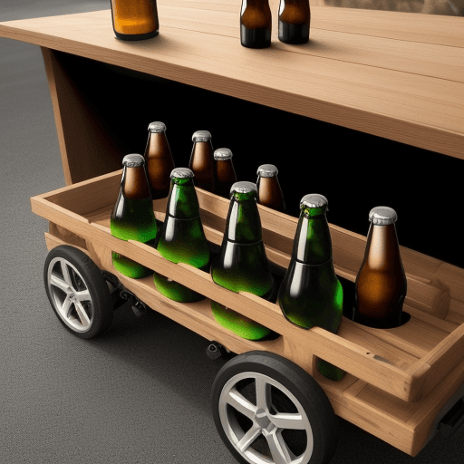 AI generated: horizontal beer bottle with wheels and steering wheel