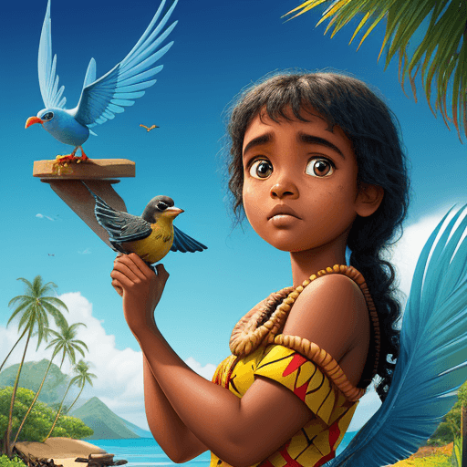 AI generated: Disney Pixar movie poster style. Fijian girl with bird. The movie is titled FIJI
