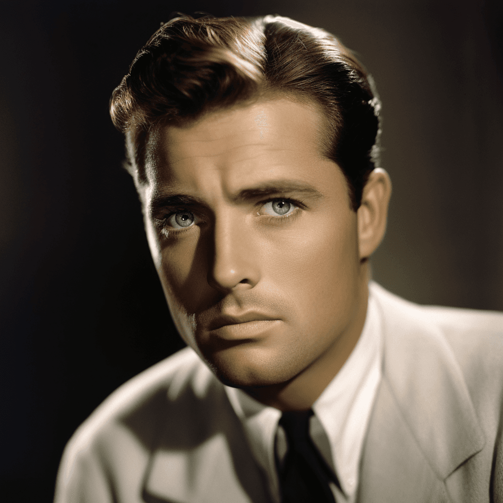 AI generated: hollywood, perfect eyes, perfect face, colorized, actor man, handsome, 1940's