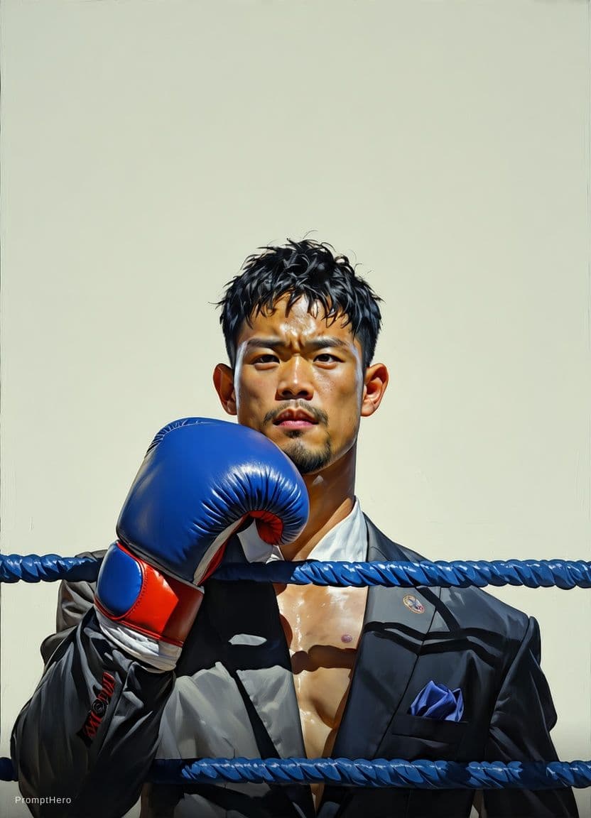 AI generated: centered, masterpiece, a painting of a man in a boxing ring, trending on Artstation, jazza and rossd...